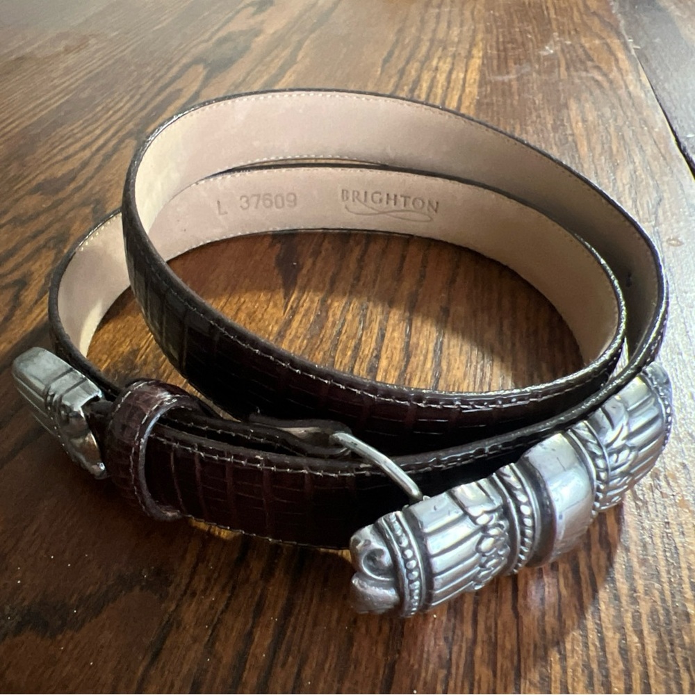Brighton Belt Leather Lizard Silver Toned Ornate Buckle Brown Size L 37609
